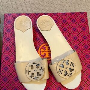 Tory Burch Tan Slide Sandals with Signature Medallion